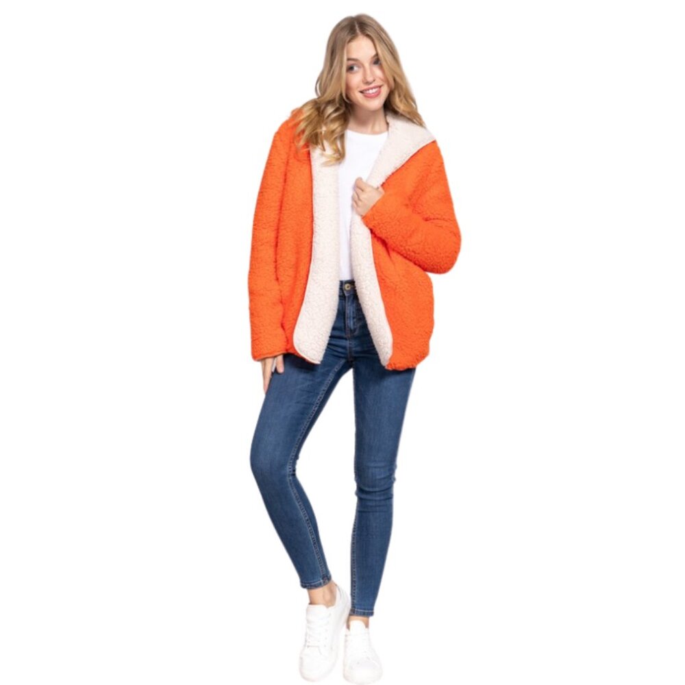 ❤️5/$25 REVERSIBLE Ivory & Orange Cozy Sherpa Hoodie Coat LAST ONE 🔥 Size‎ S
